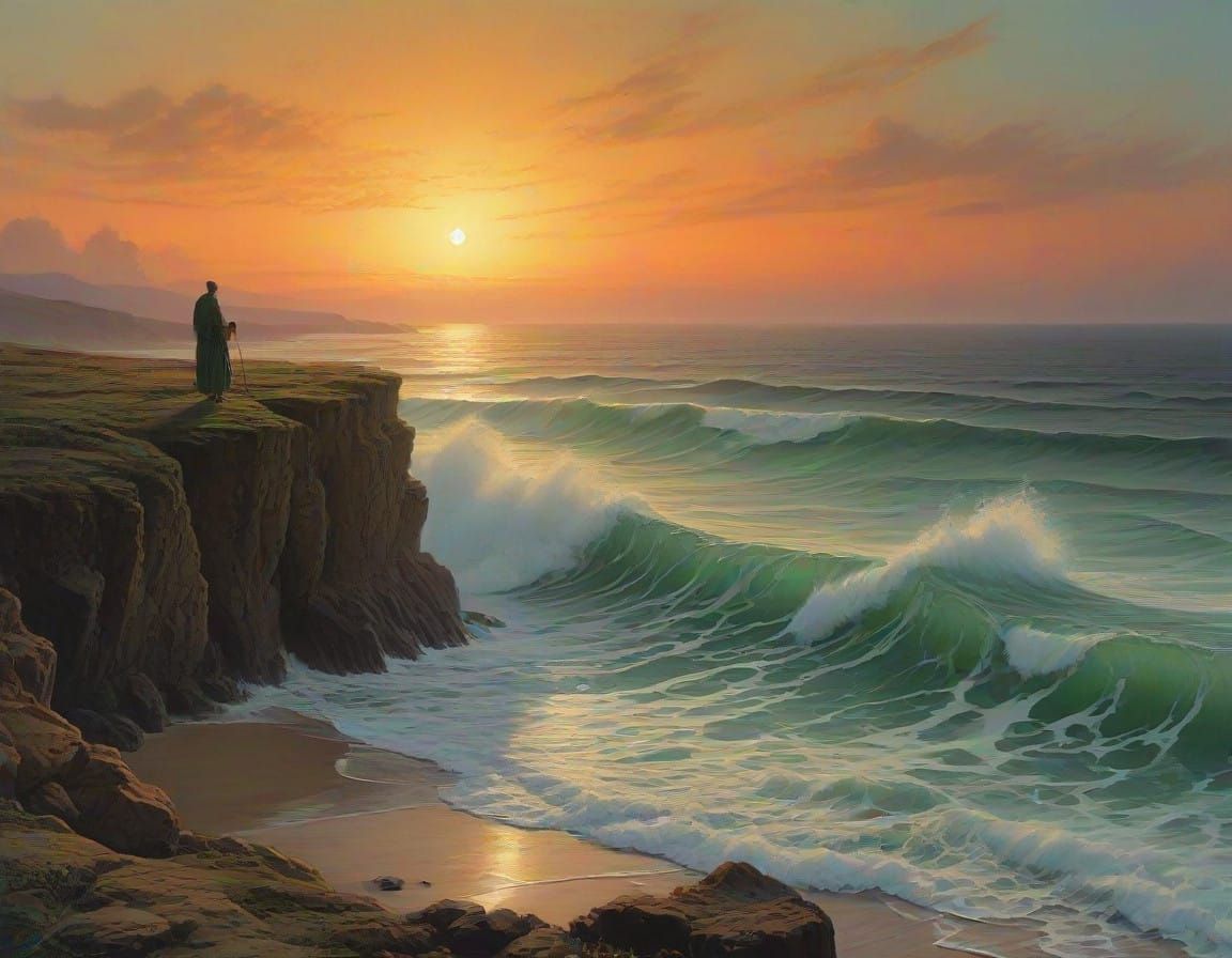 Man at Edge of Turbulent Sea, Watercolor Style