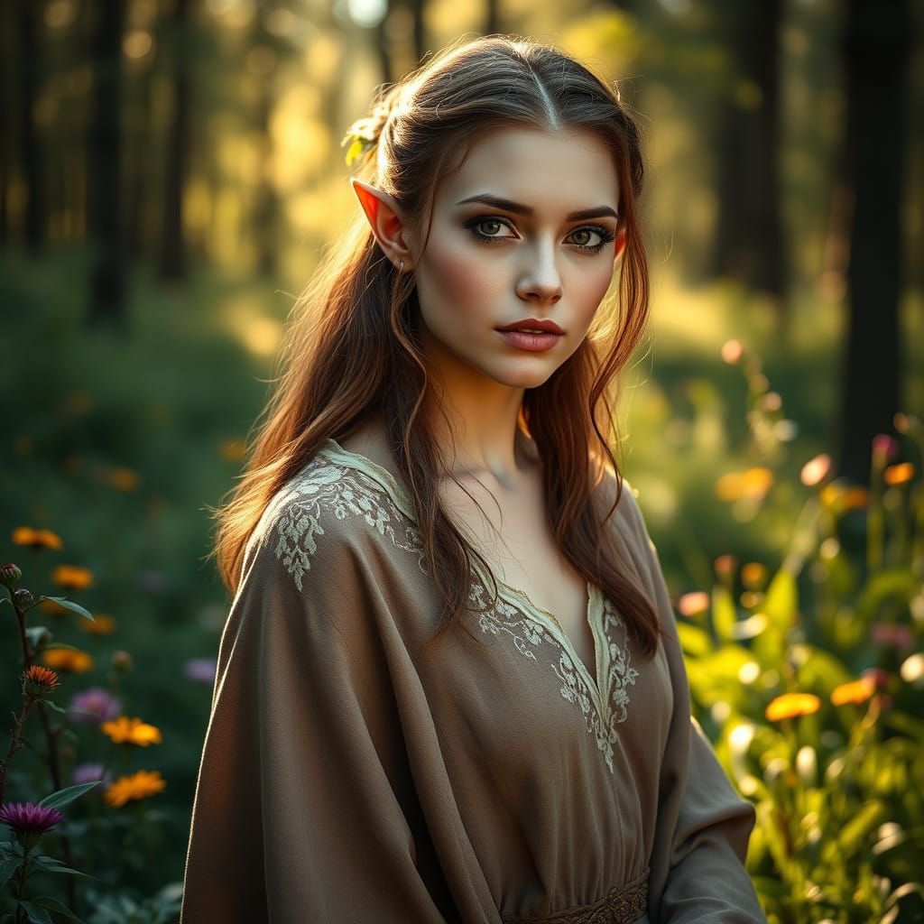 Ethereal Elf Maiden in Earth-Toned Cloak Amidst Lush Forest