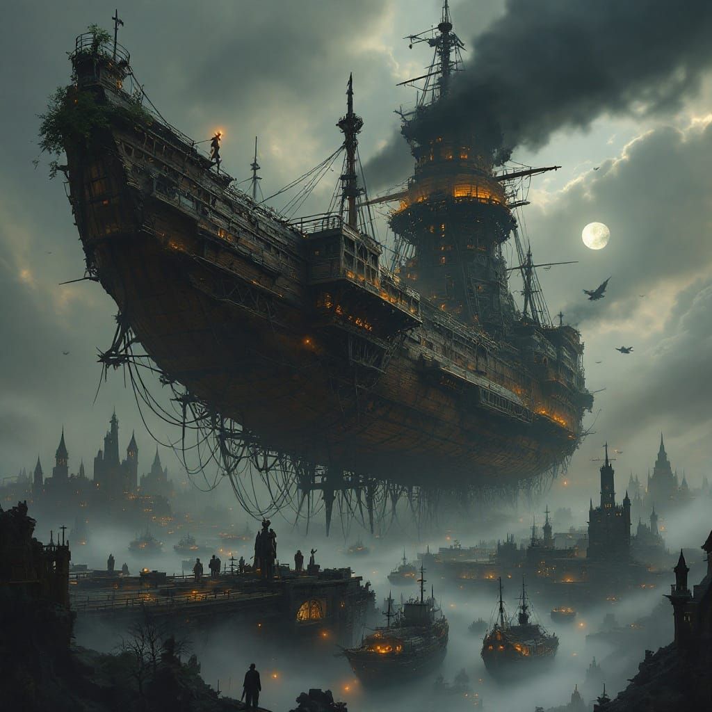 Colossal Airship Tower in Gritty Fantasy Cityscape