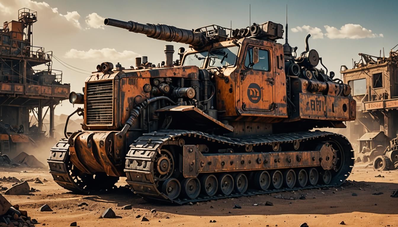 Armored Dieselpunk Bulldozer in Mad Max Environment