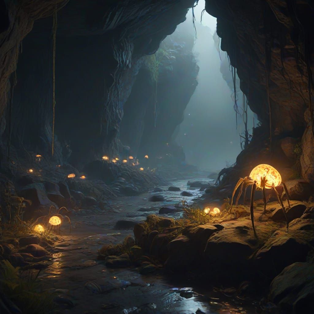 Giant Spider in Bioluminescent Cavern with Stone Bridge