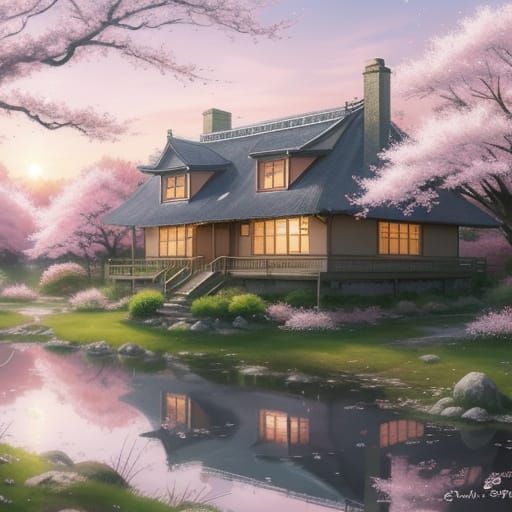 Serene Anime Village Sunrise with Soft Brushstrokes