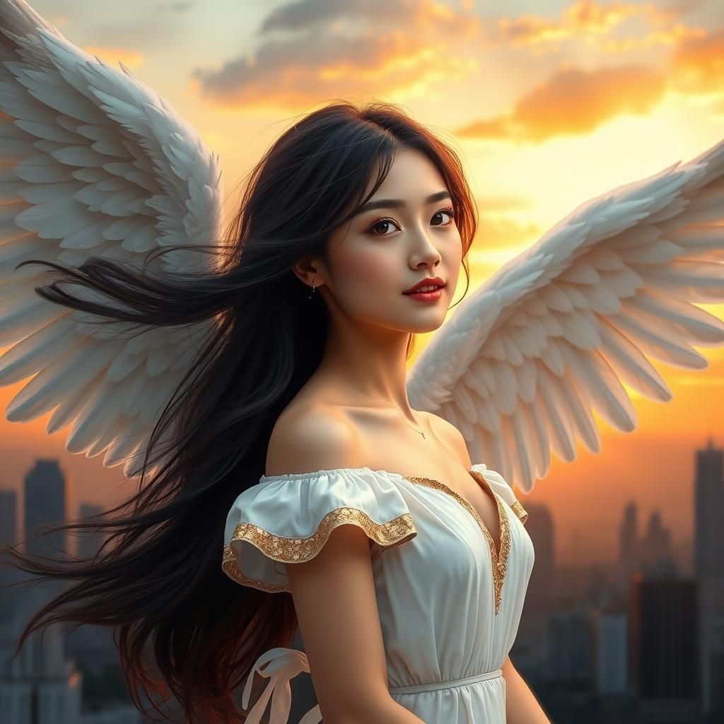 Winged Angel in Cityscape Sunset: Digital Art