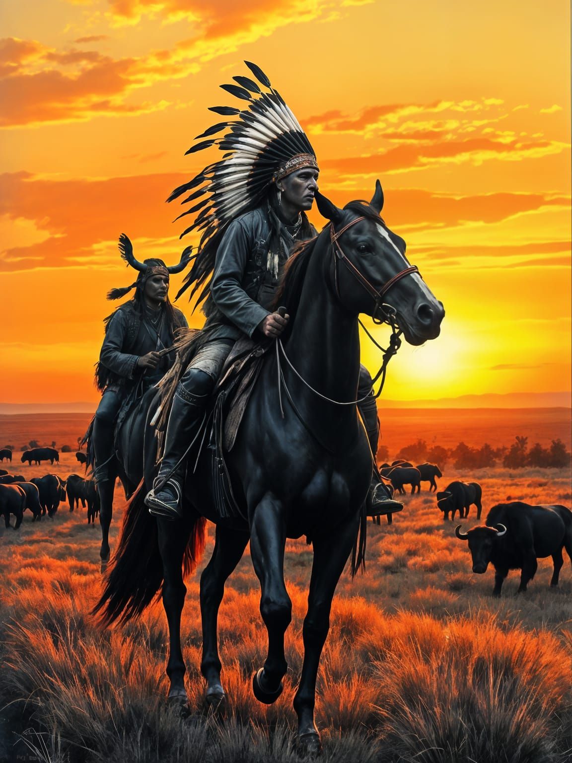 Native American Chief and Warrior at Sunset