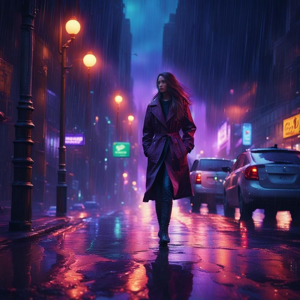 Beautiful Woman Walks City Sidewalk: Digital Matte Painting