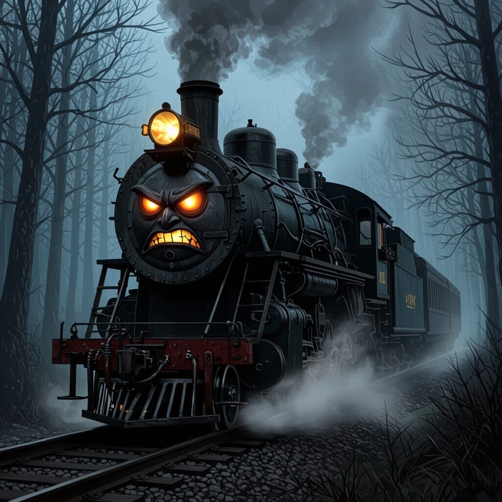 Grumpy Vintage Train in Misty Forest, Gothic Fantasy Art