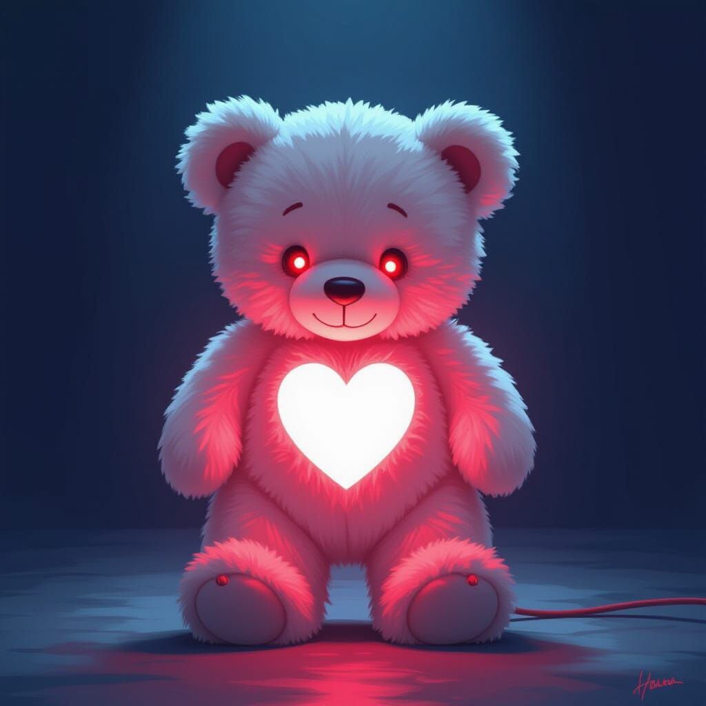 Teddy Bear with Red Eyes in Dark Room