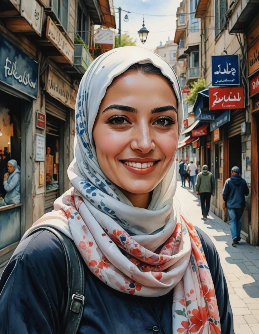 Turkish Woman in Istanbul Hijab, Shy Smile, Watercolor Art