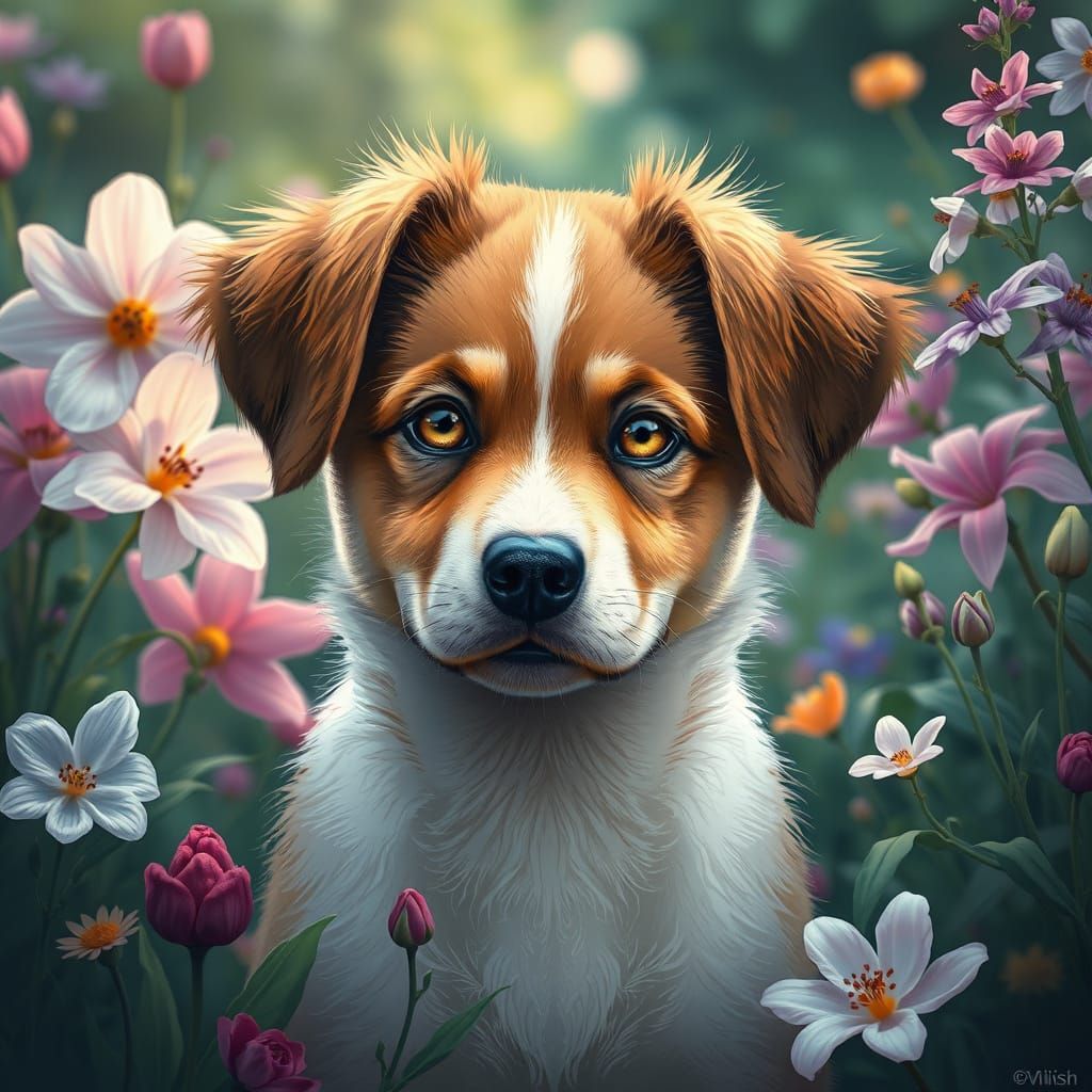 Dog with Turquoise Eyes in Enchanted Garden Art