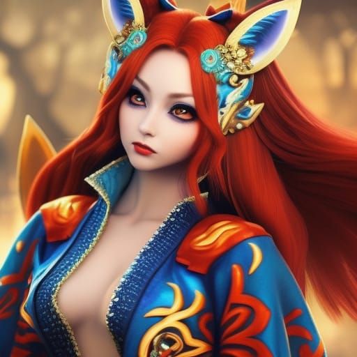 Mage girl with fox ears red hair and wearing a blue kimono