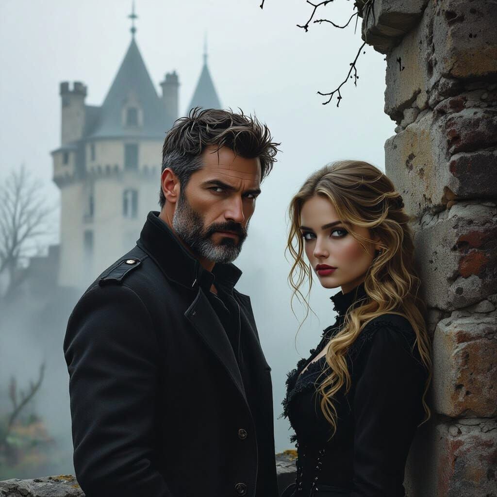Gothic Noir: Man and Woman at Foggy Chateau