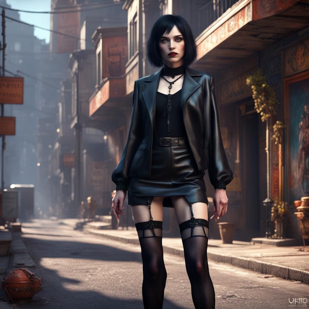 Petite Goth Portrait in 1980s Fashion, Digital Art