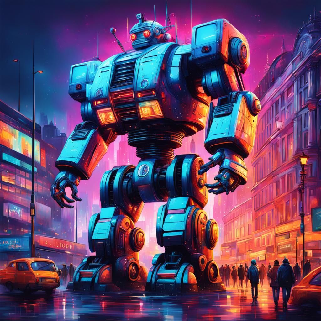 Giant Robot in Neon Cityscape: Atomic Design