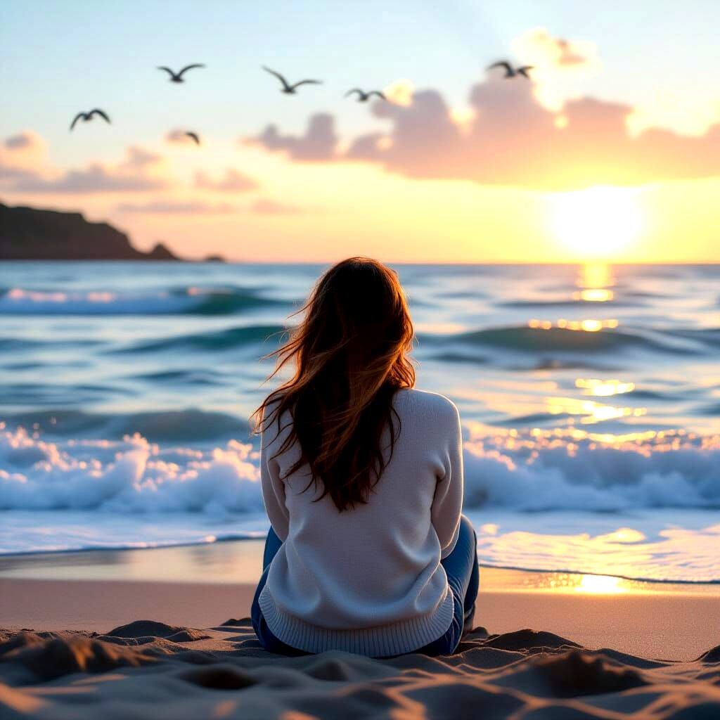 Woman Contemplating the Sea in Photorealistic Style