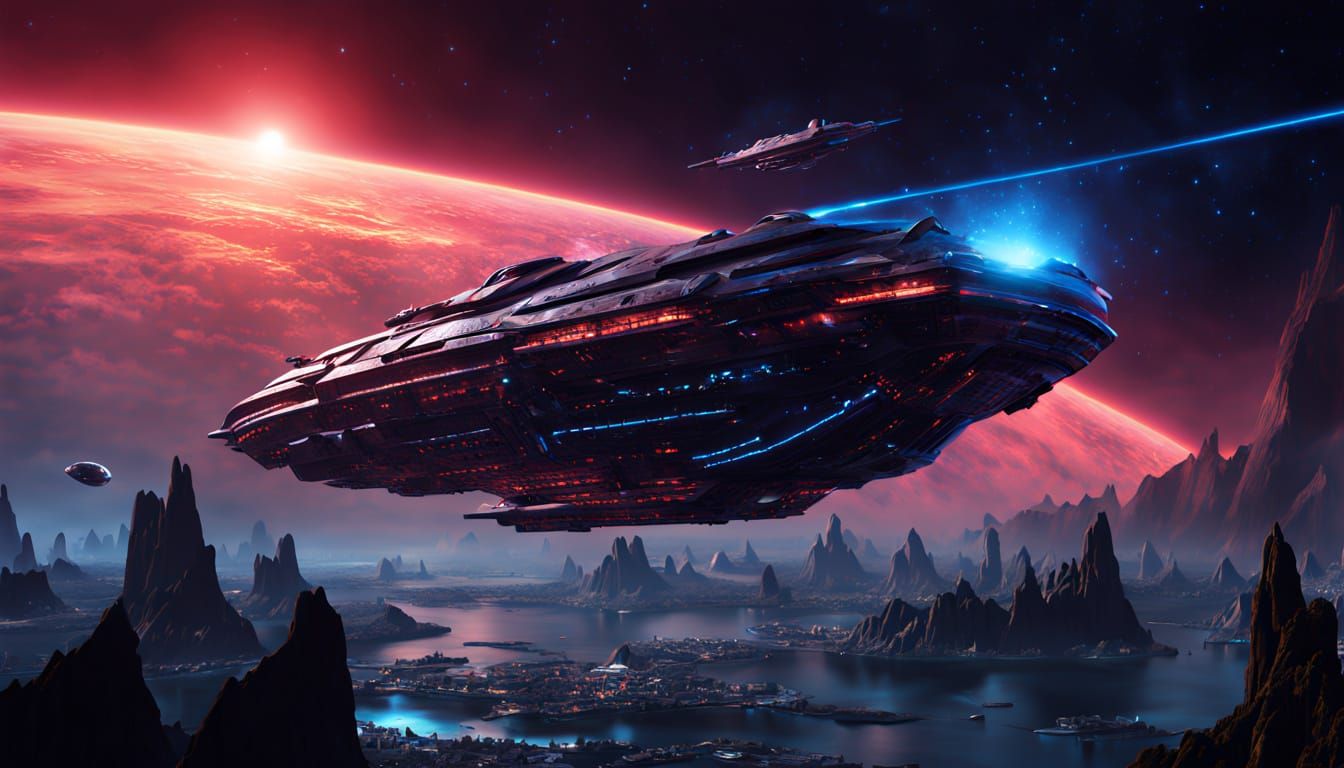 Asymmetrical Starship over City in Maximalist Style