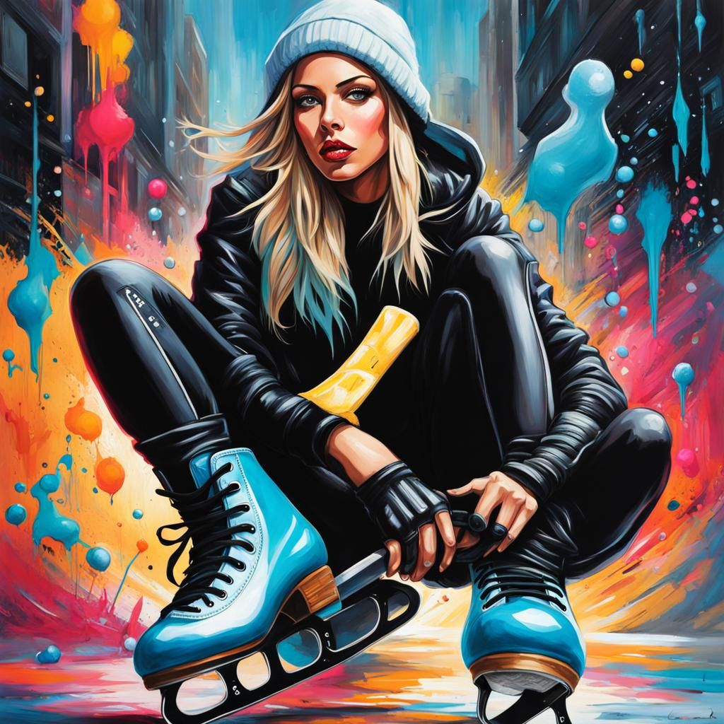 Woman Ice Skating in Graffiti Street Art Style