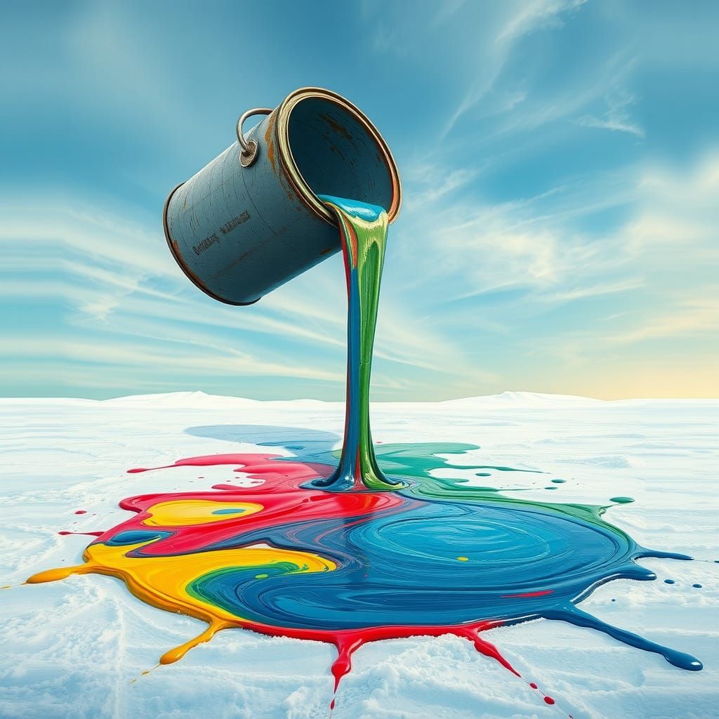 A collosal, old, weathered paint can is pouring a large puddle of paint from the corner of the sky above to create a lar...