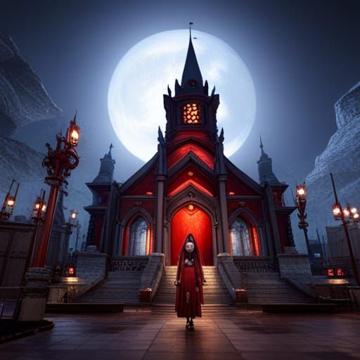 Ghoulish Church at Night with Girl in Red