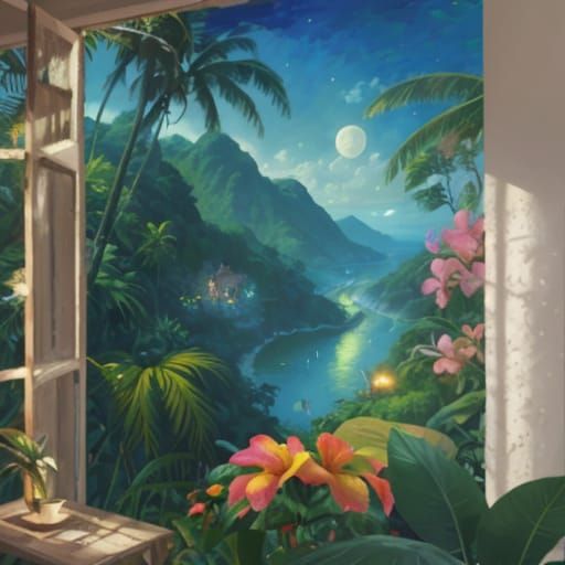 Tropical Cottage Overlooking Jungle in Neo-Impressionist Sty...