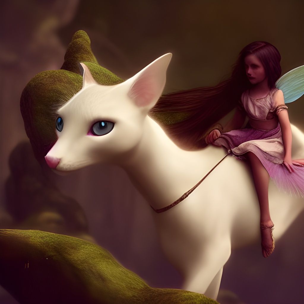 Whimsical Fairy Riding a Cat in Hyperrealist Style