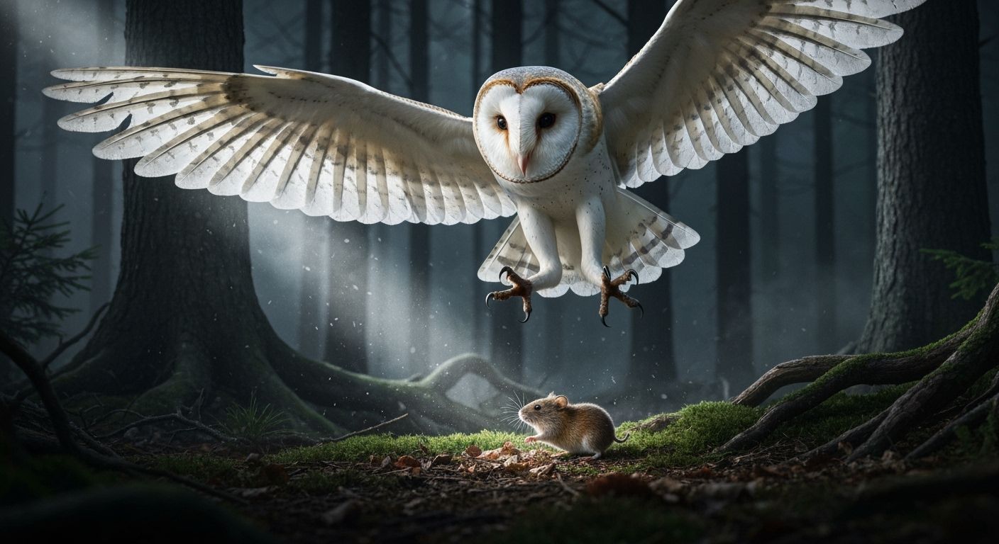 Barn Owl Swoops on Vole in Cinematic Night Forest