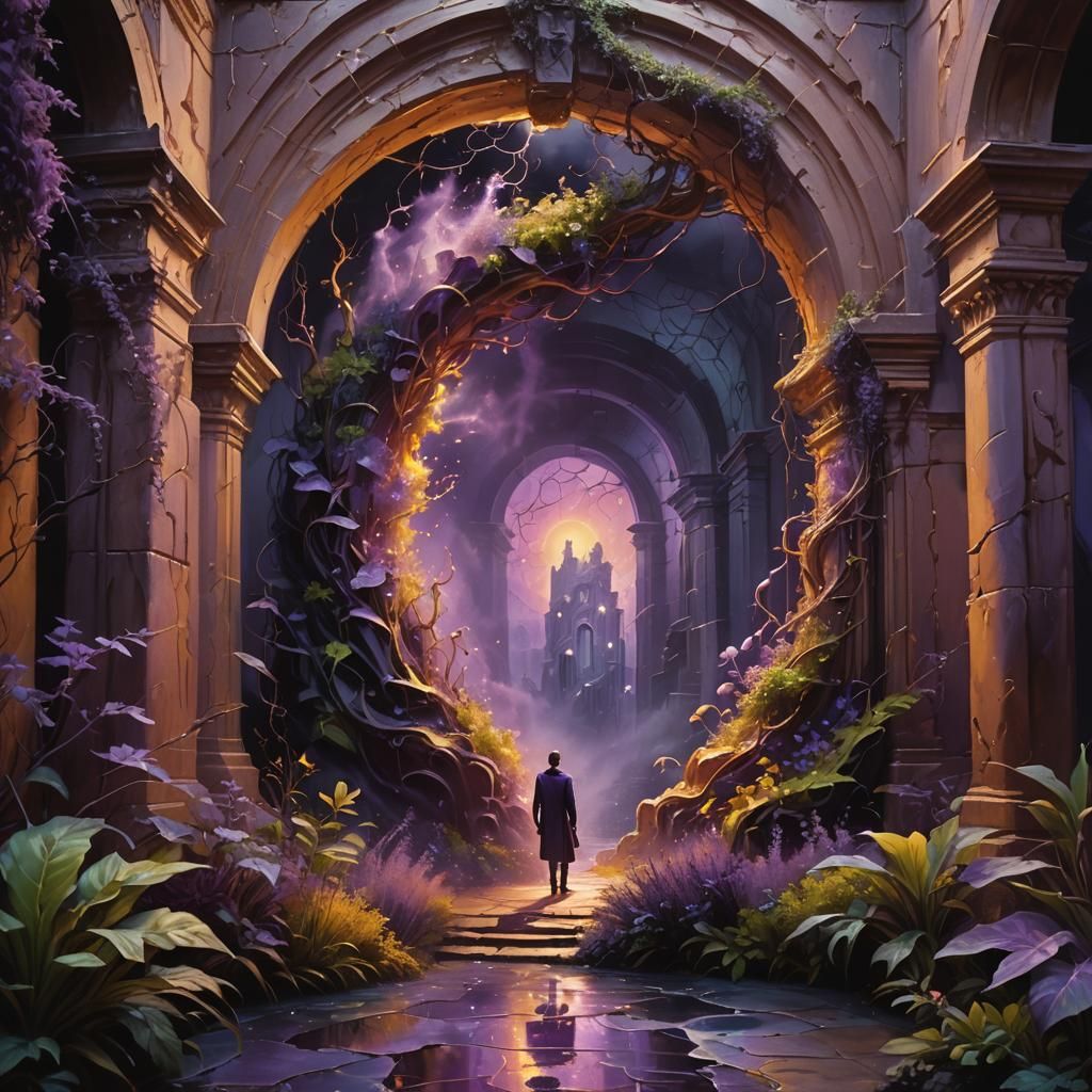 A small purple portal opens into nothingness. The figure sli...