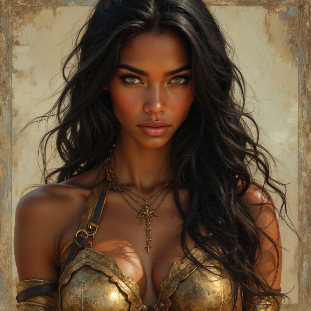 Warrior Goddess in Gold Armor: Hyperrealistic Vogue Portrait