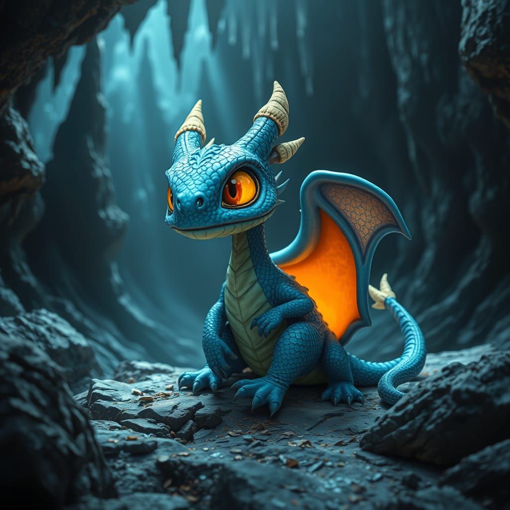 A fantasy image of a small, beautiful dragon emerging from its colorful, glowing shell. The dragon has a blue body and b...