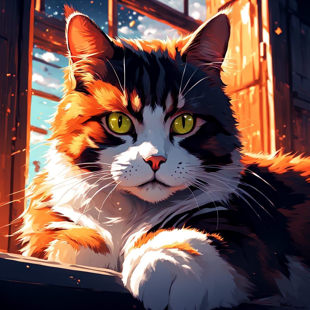 Vibrant Anime-Inspired Cat Basks in Warm Sunlight