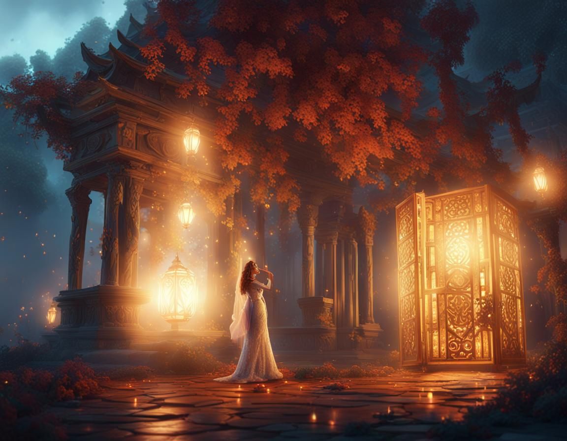 Woman in Wedding Dress Under Lantern, Fantasy Art