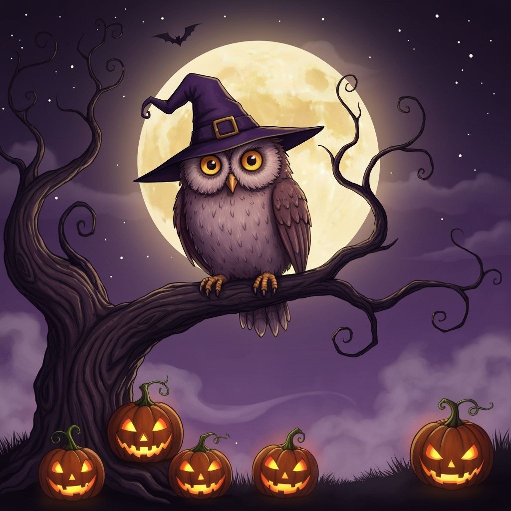 Whimsical Owl Witch on Halloween Night