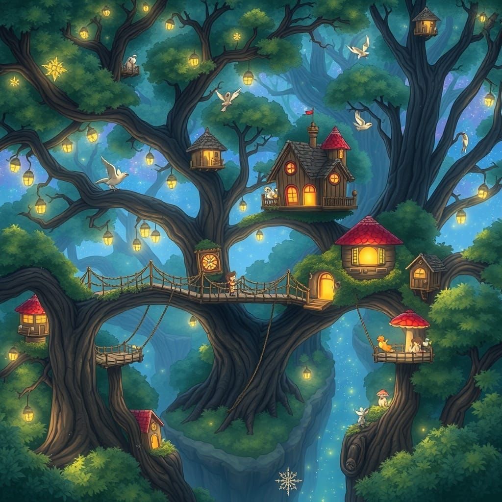 Enchanting Treehouse Village in Bioluminescent Forest