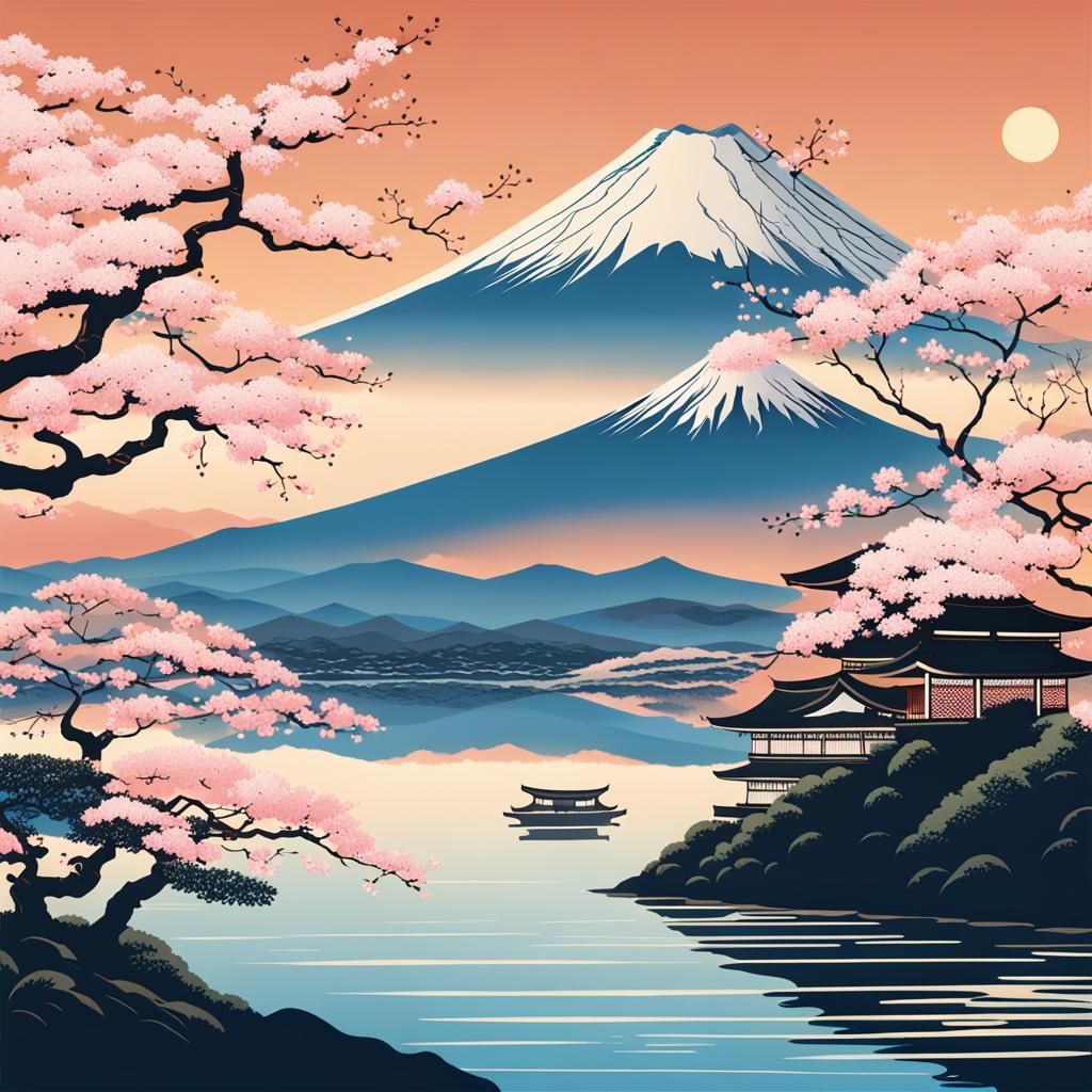 Ukiyo-e Art: Serene Lake with Mount Fuji