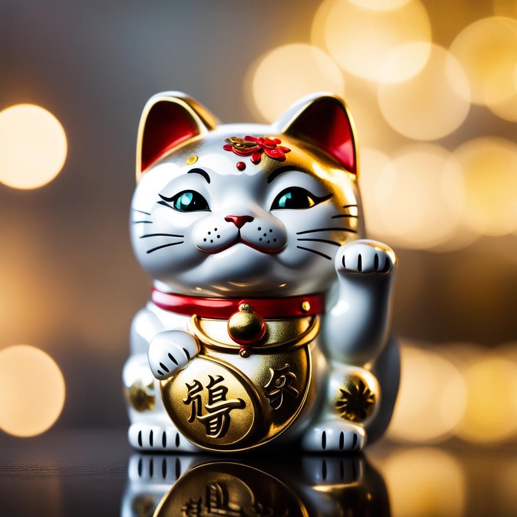 Reflective Maneki-neko Close-up with Bokeh