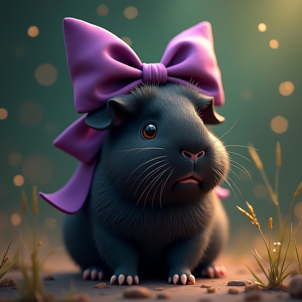 Guinea Pig with Purple Bow in Fantasy Illustration Style