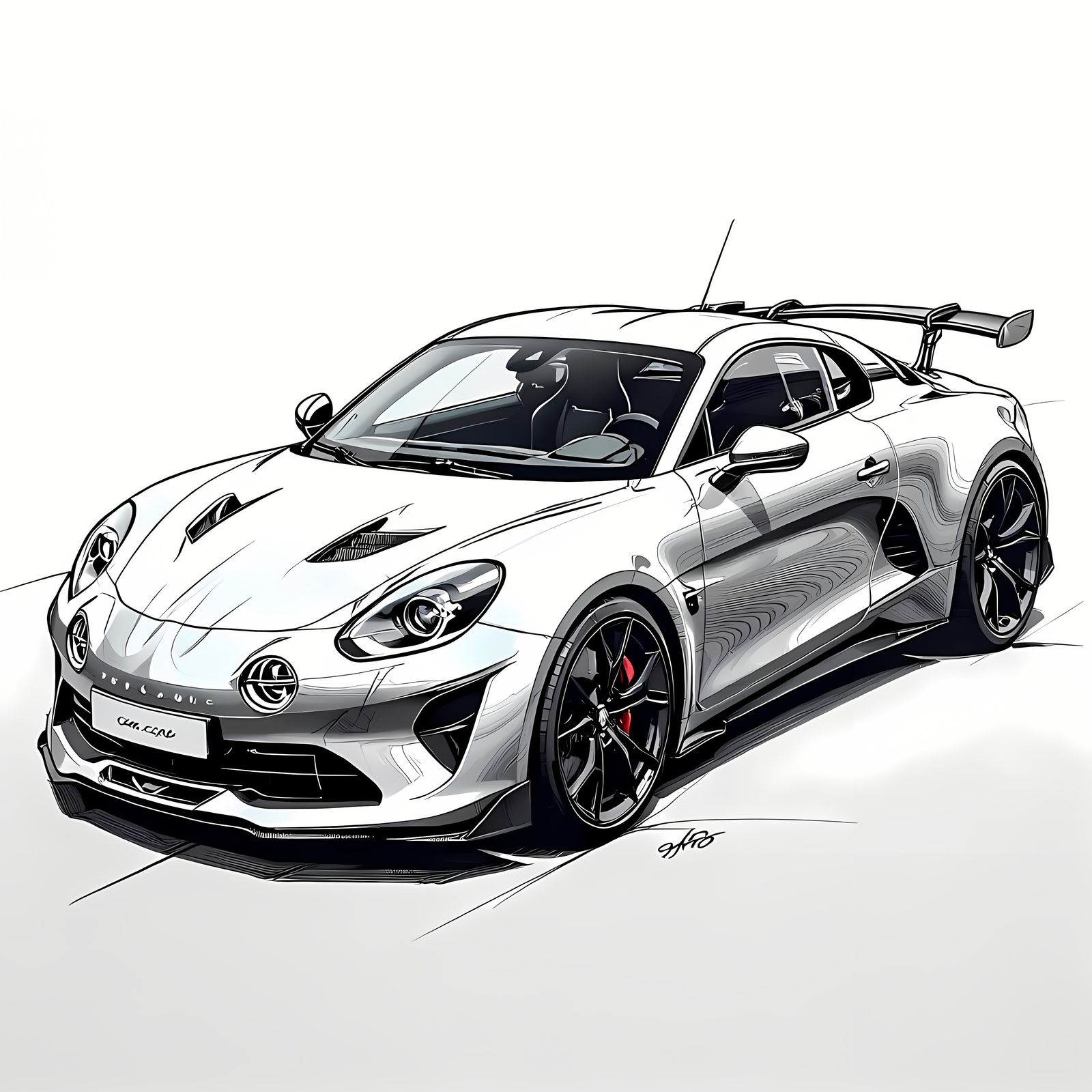Black Ink Line Drawing of 2025 Alpine A110 R