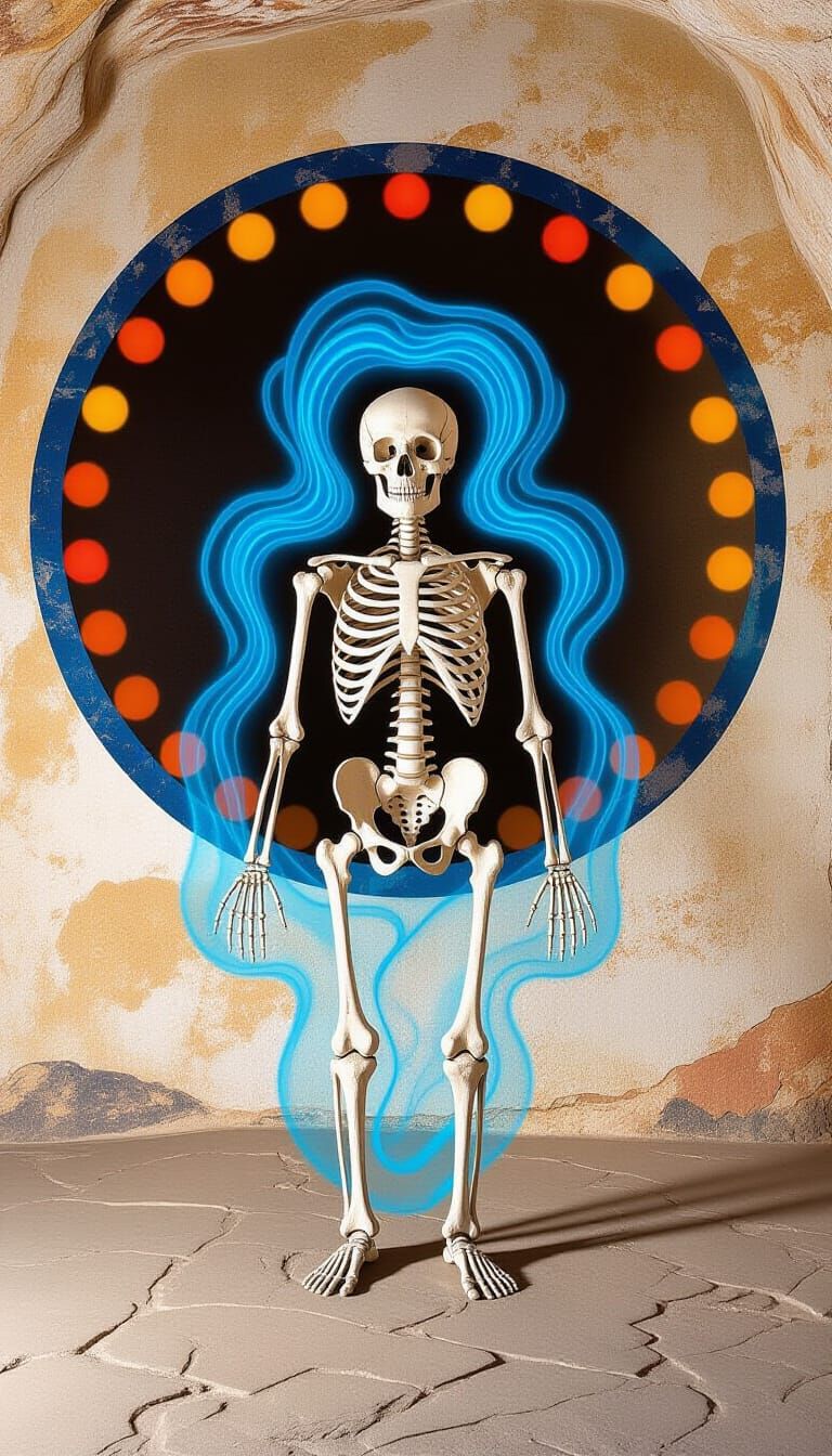 Ancient Cave Painting of Skeleton with Blue Energy Aura