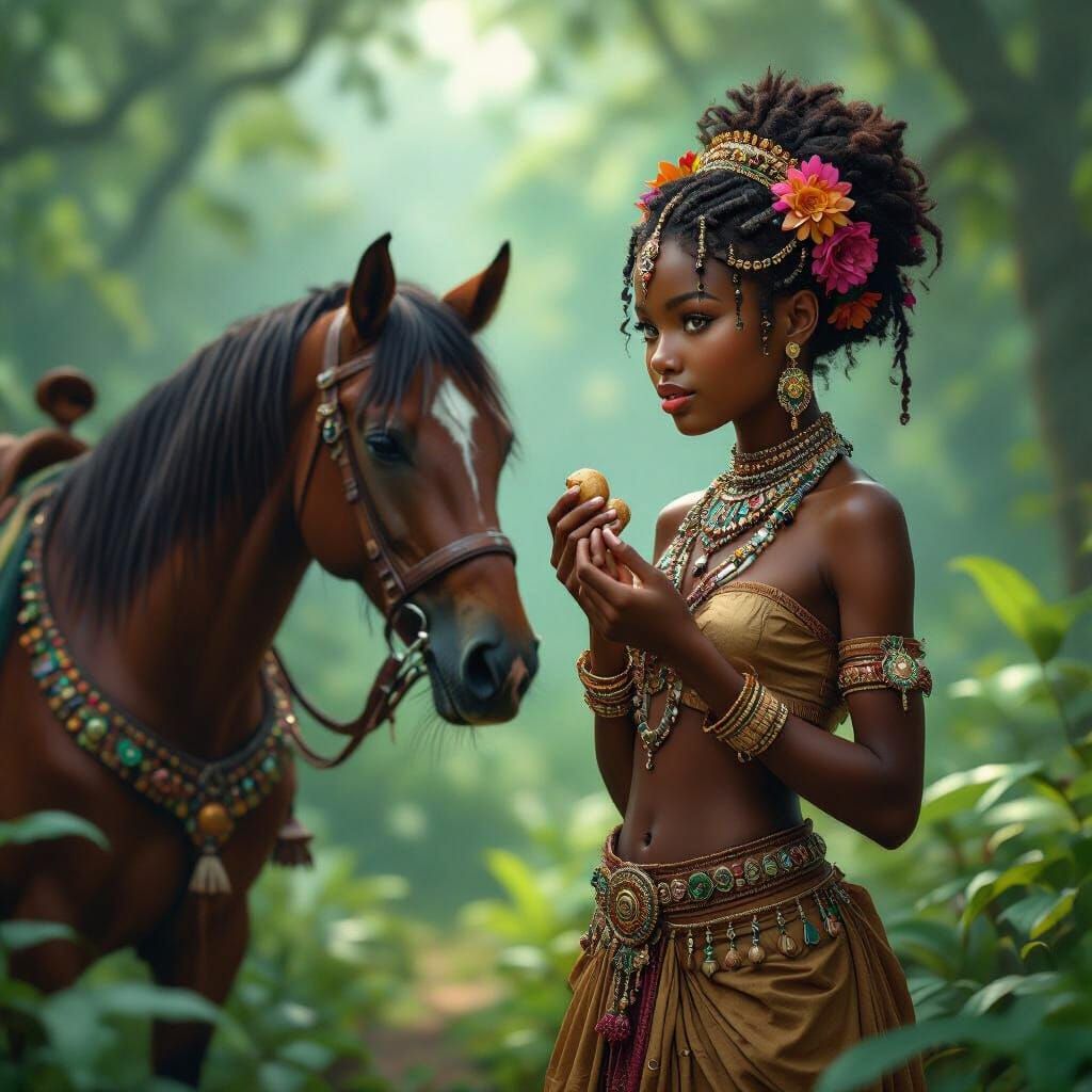 African Girl with Horse and Jewels in Forest