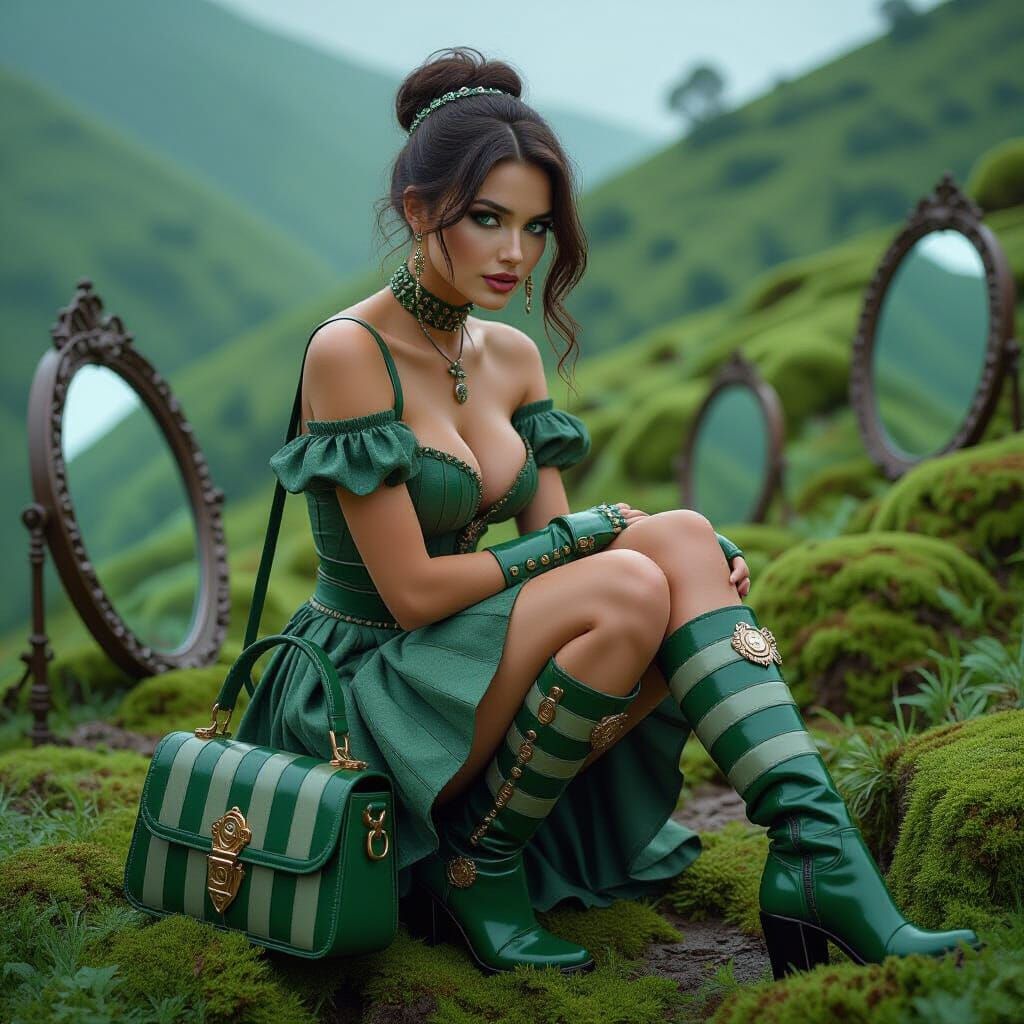 Steampunk Woman in Striped Boots and Handbag