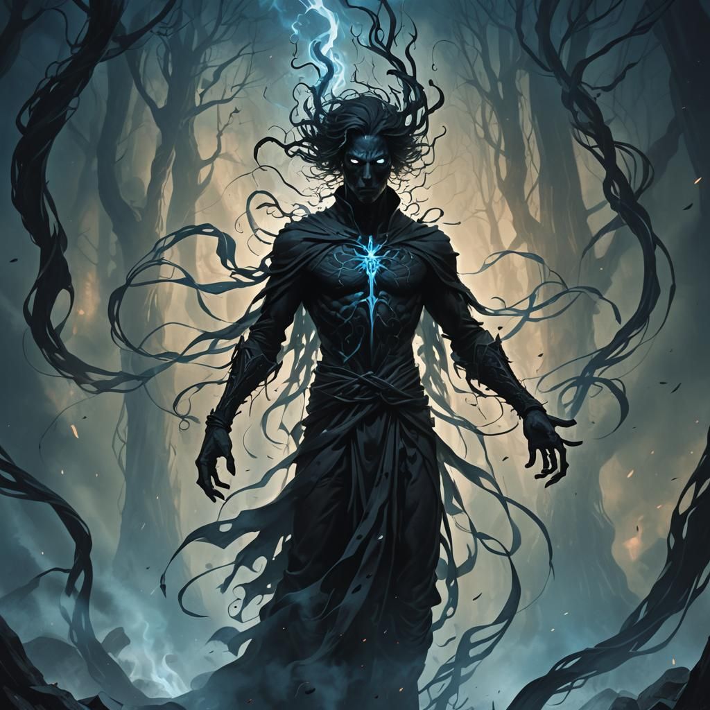 Shadowy Figure with Piercing Eyes in Dark Fantasy Style