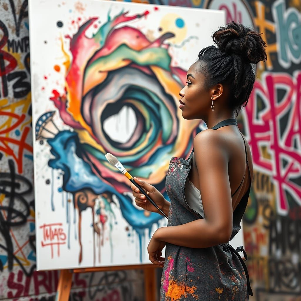 Woman Artist's Watercolor Painting in Street Art Setting