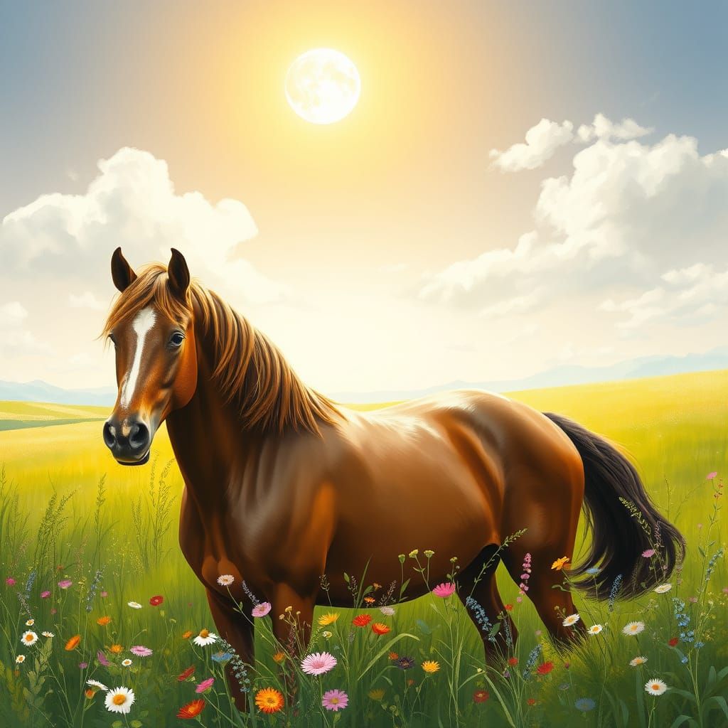 Brown Horse in a Lush Wildflower Meadow