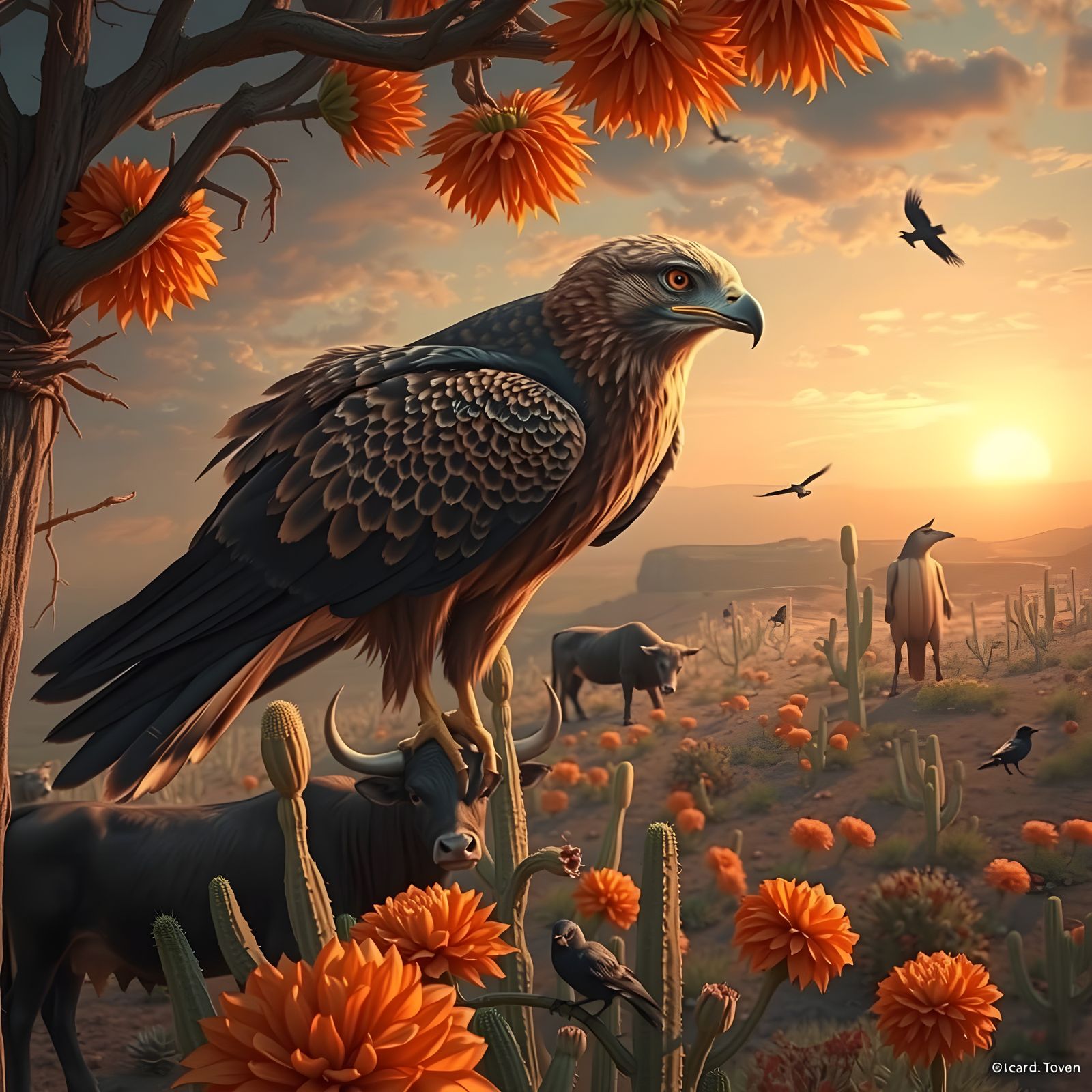 Surrealistic Landscape with a Red Tail Hawk in a Triadic Col...