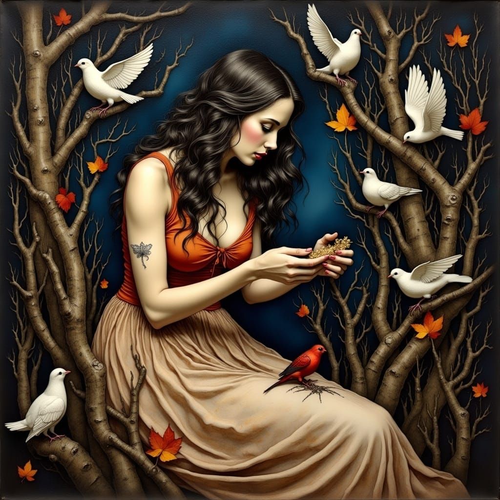 Contemplative Woman with Birds in Somber Portrait