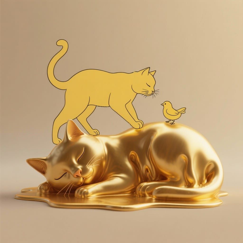 Melting Cat and Canary Line Sketch in Surrealist Style