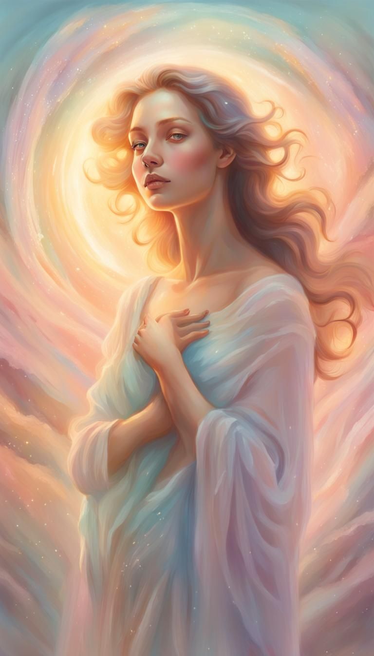 ethereal female figure, big boobies, her features softly drawn and surrounded by a glowing (((radiant atmosphere))), ((b...