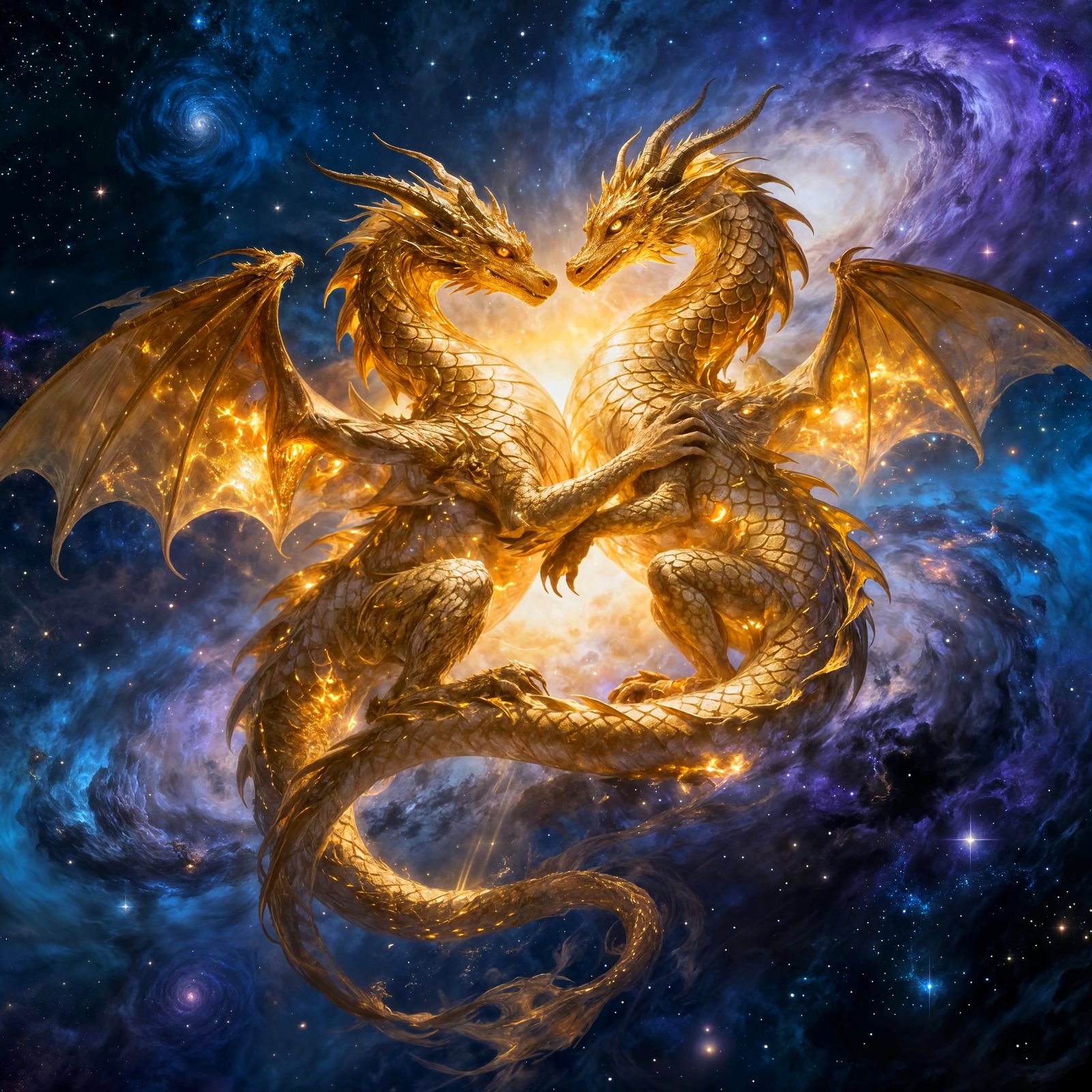 Golden Dragons Embrace in Cosmic Digital Painting
