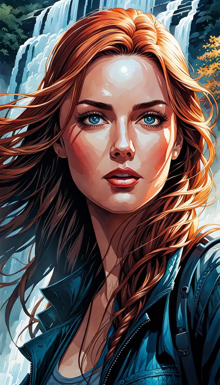 Watercolor Portrait of a Girl by Waterfall