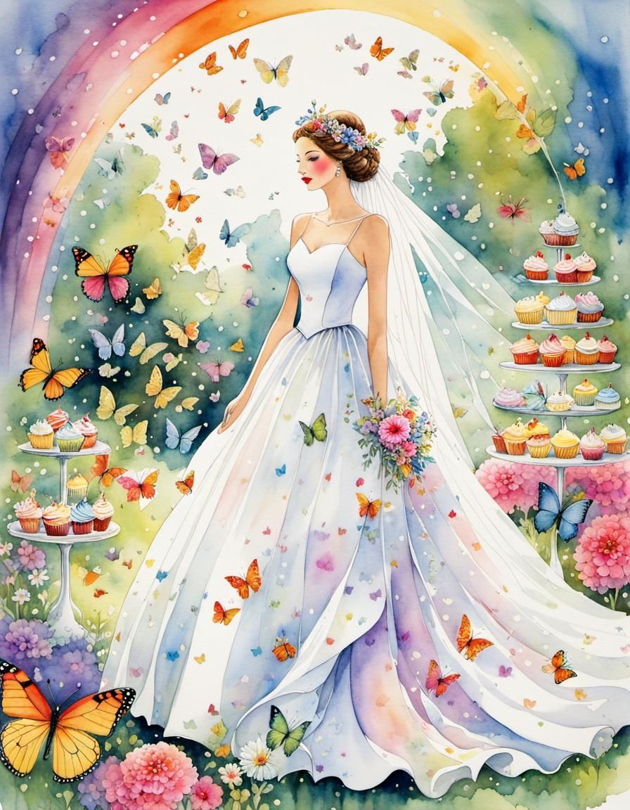 Bride with Rainbow Butterflies in Watercolor Style