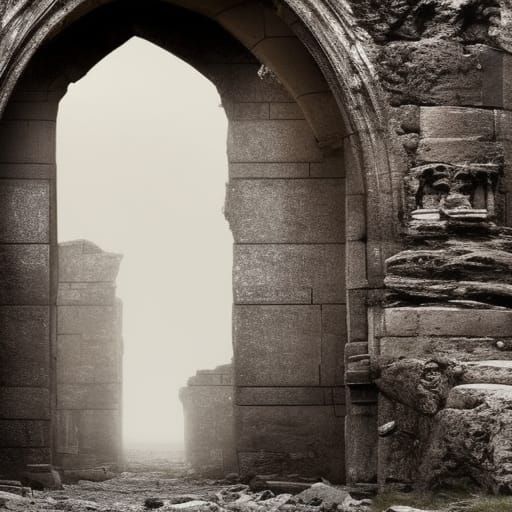 Solitary Figure at Stone Archway Gouache Painting